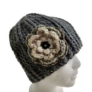 Beret Beanie Tam Hat grey flower button